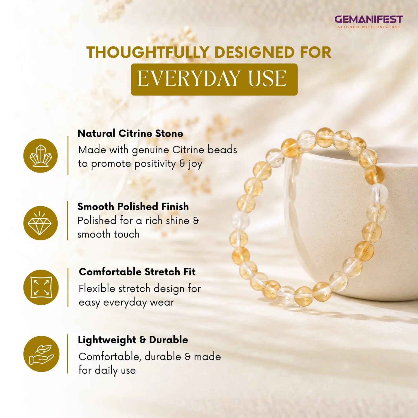 Beaded bracelet with GEMANIFEST branding on a soft background