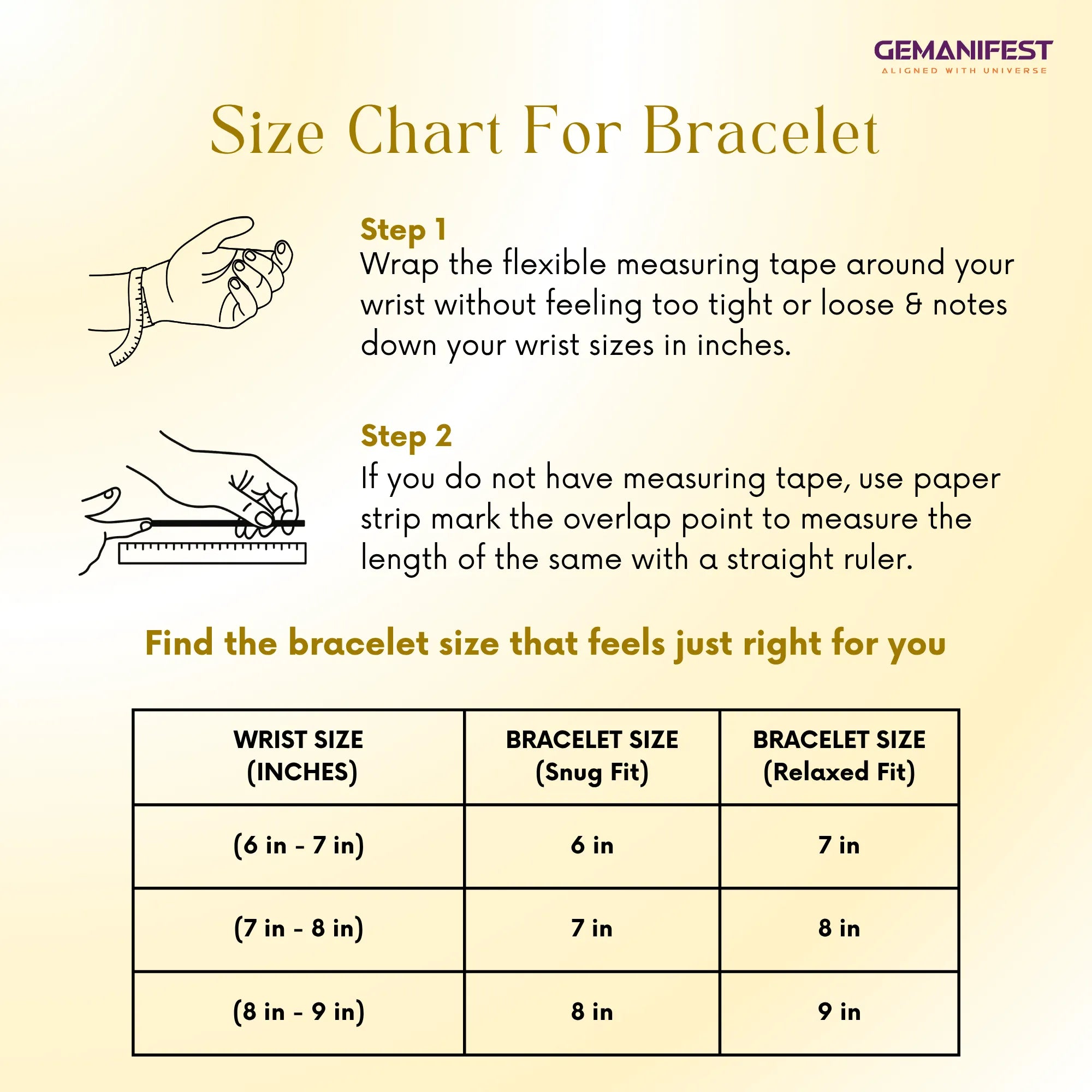 Size chart for bracelet with measurement instructions and GEMANIFEST branding.
