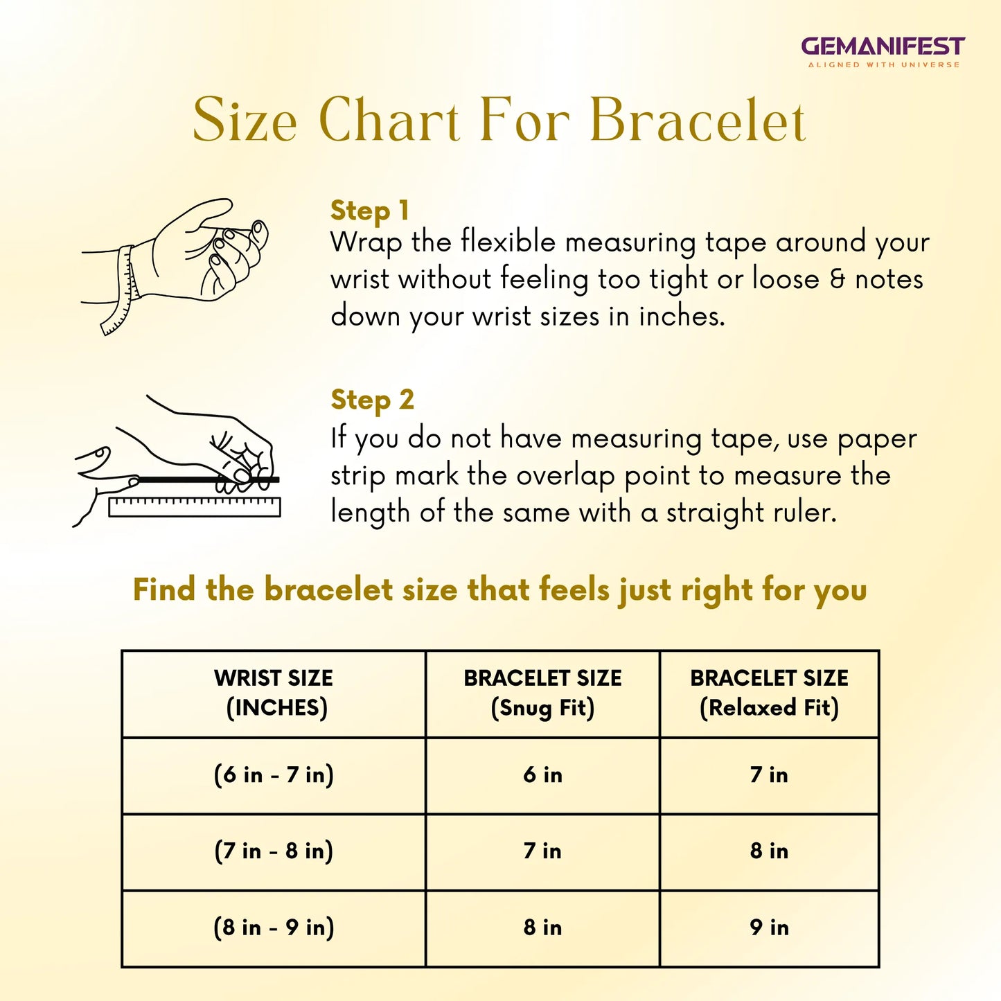 Size chart for bracelet with measurement instructions and GEMANIFEST branding.