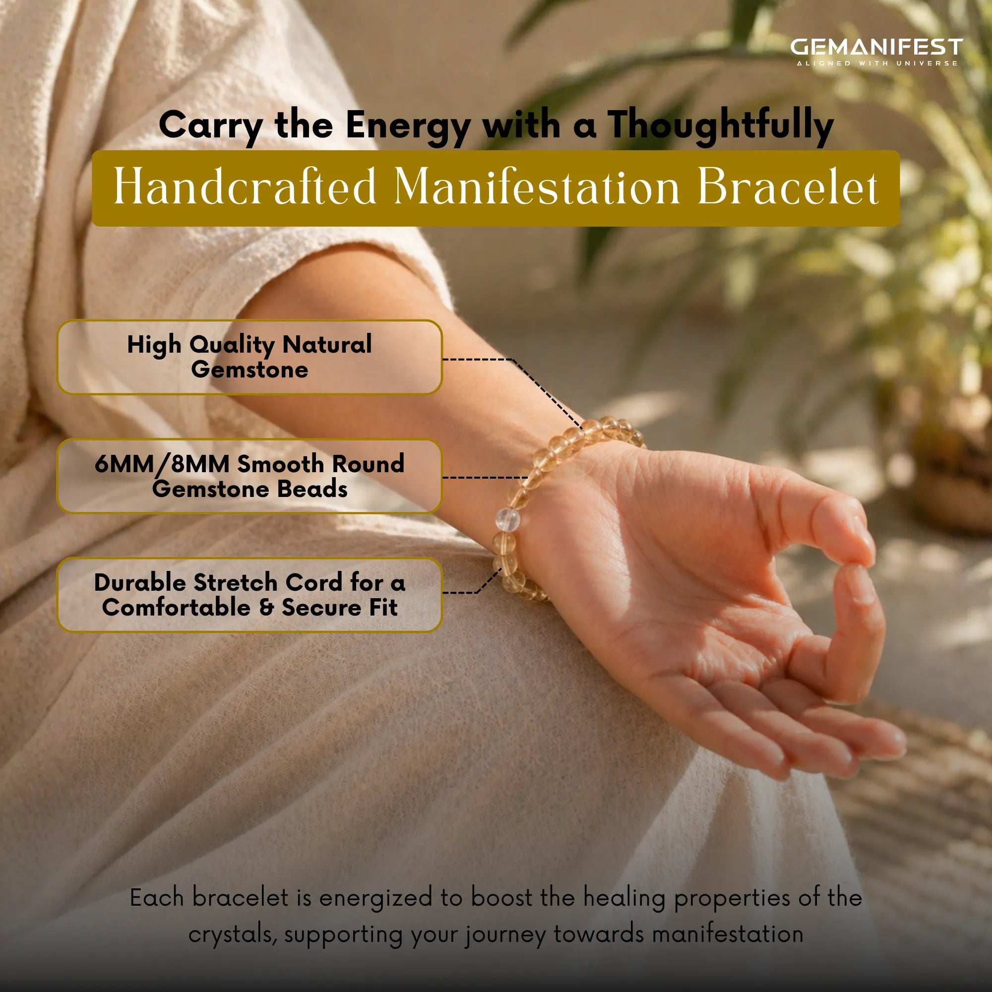 Hand wearing a bracelet with text highlighting features and benefits, GEMANIFEST brand visible