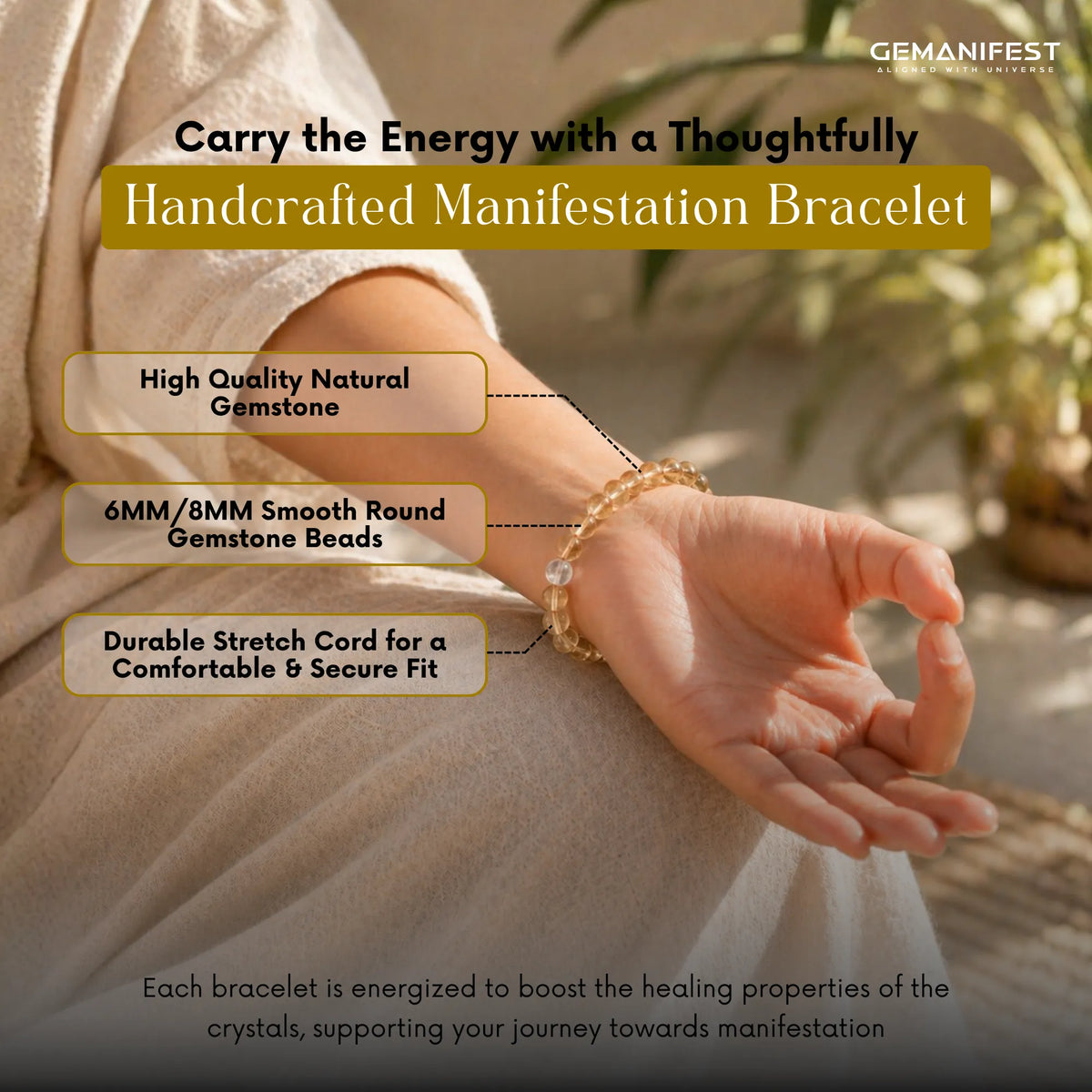 Hand wearing a bracelet with text highlighting features and benefits, GEMANIFEST brand visible