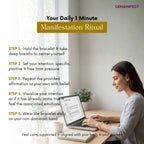 Woman using a laptop with a 'Your Daily 1 Minute Manifestation Ritual' text overlay on a white background.