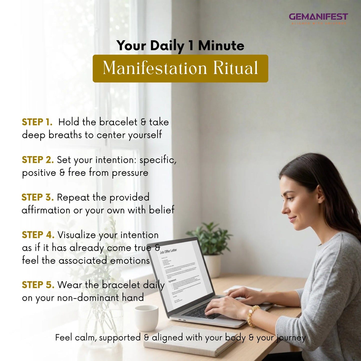 Woman using a laptop with a 'Your Daily 1 Minute Manifestation Ritual' text overlay on a white background.