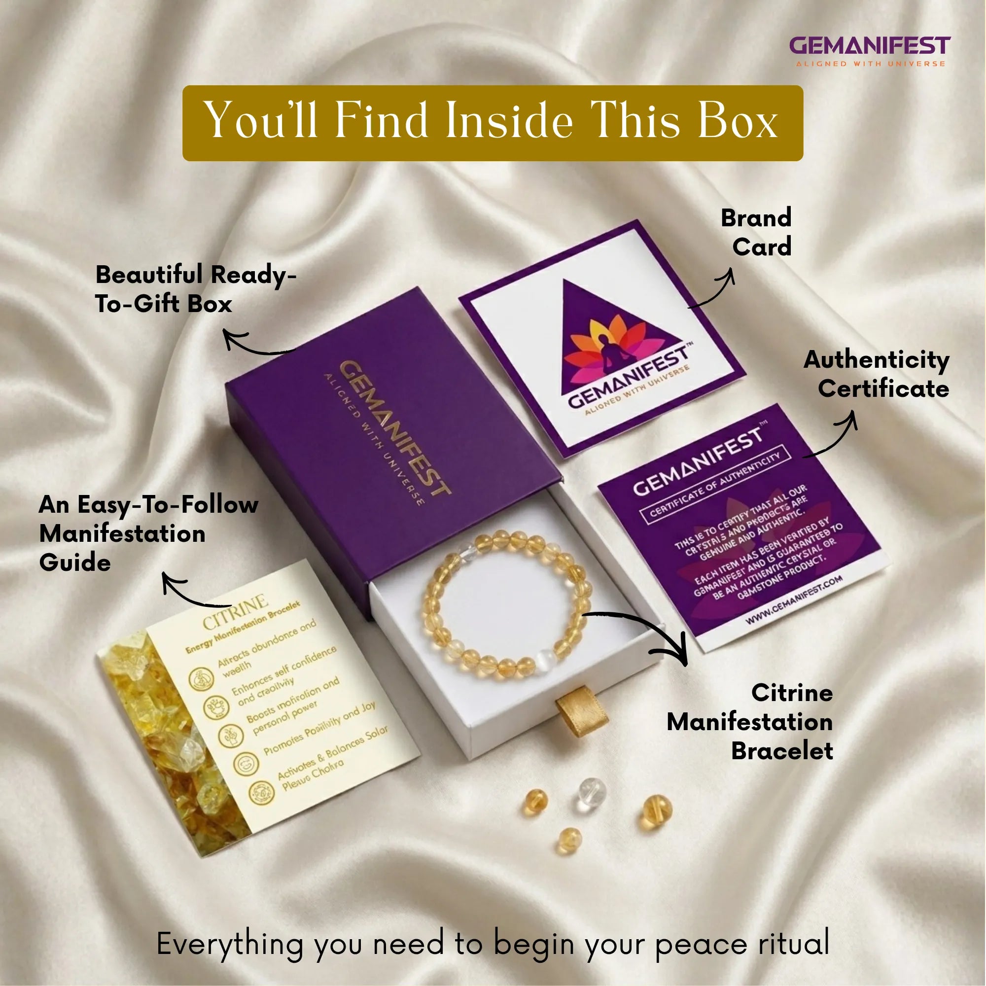 GEMANIFEST product packaging with bracelet, guide, and brand card on a satin background