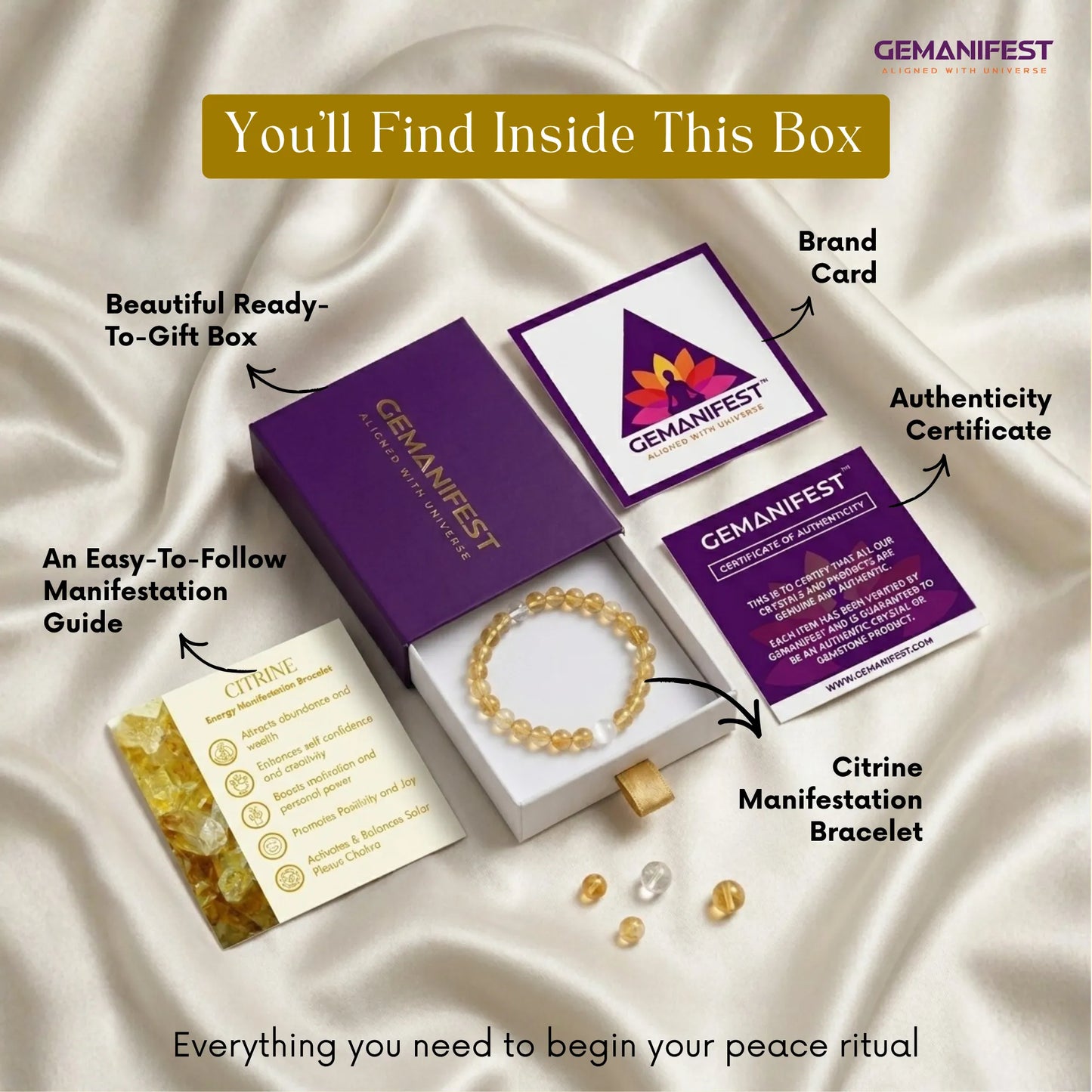 GEMANIFEST product packaging with bracelet, guide, and brand card on a satin background