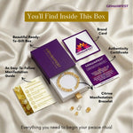 GEMANIFEST product packaging with bracelet, guide, and brand card on a satin background
