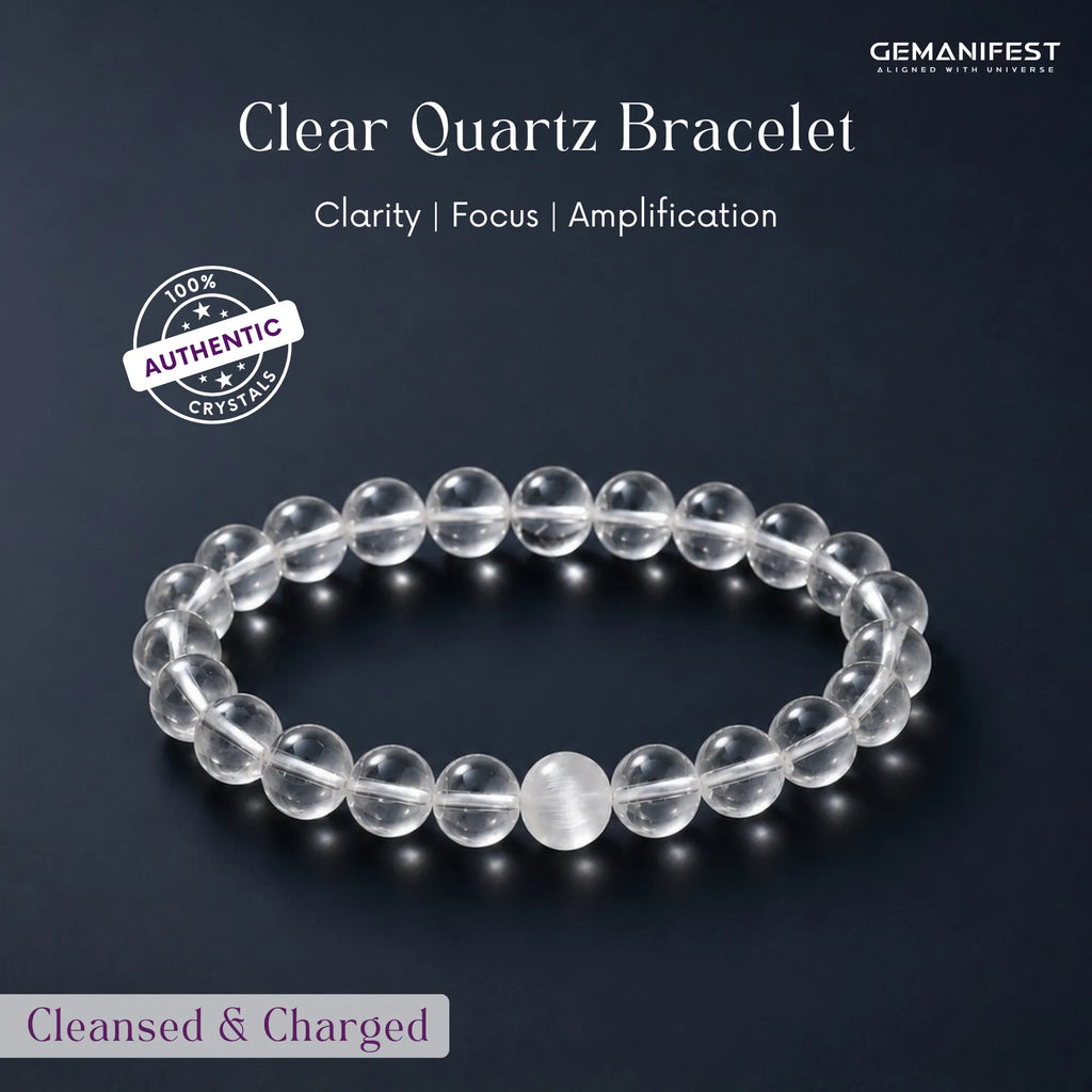 Clear Quartz Bracelet with GEMANIFEST branding on a dark background