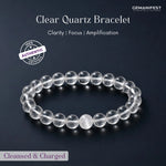 Clear Quartz Bracelet with GEMANIFEST branding on a dark background
