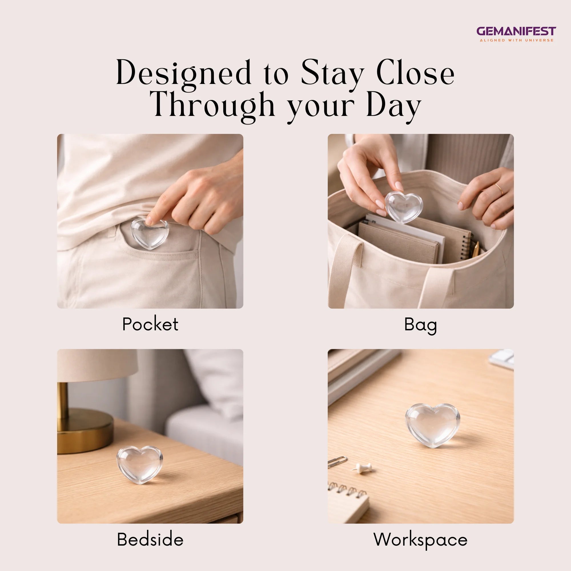 Heart-shaped clear quartz used in various settings with 'GEMANIFEST' branding.