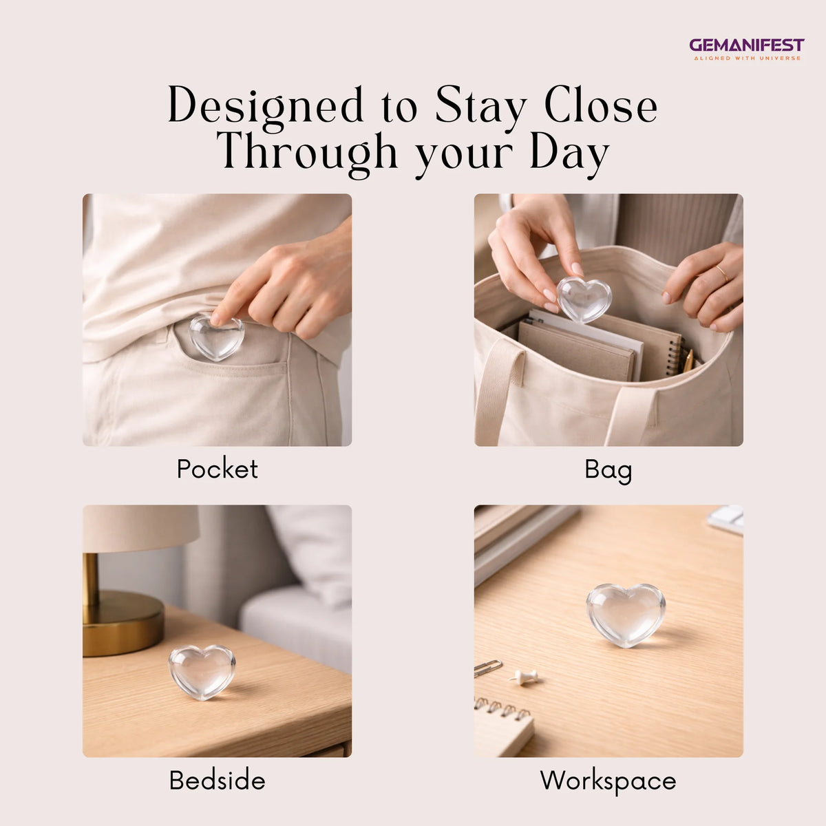 Heart-shaped clear quartz used in various settings with 'GEMANIFEST' branding.