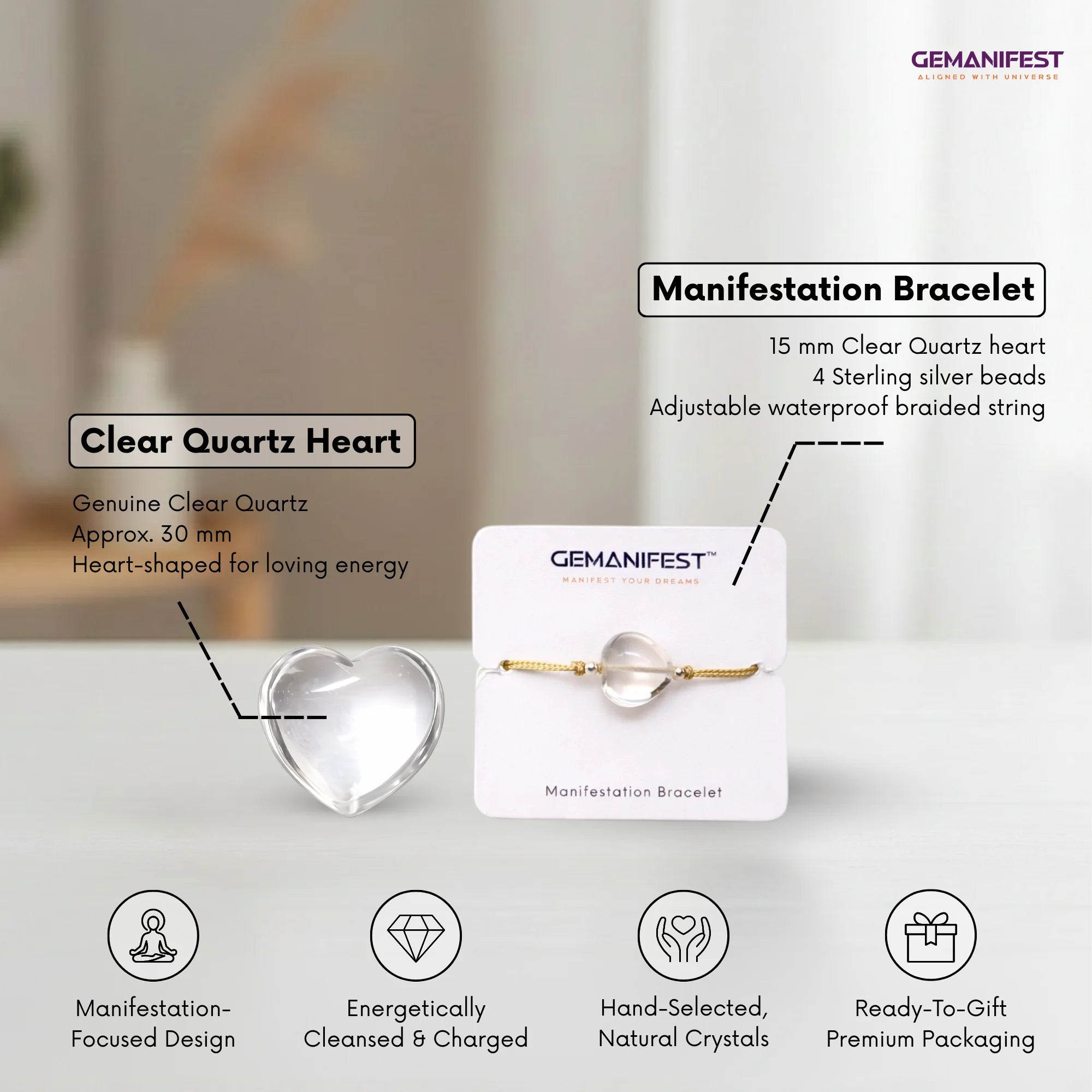 Manifestation bracelet with clear quartz heart on a white background, featuring GEMANIFEST branding.