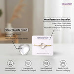 Manifestation bracelet with clear quartz heart on a white background, featuring GEMANIFEST branding.