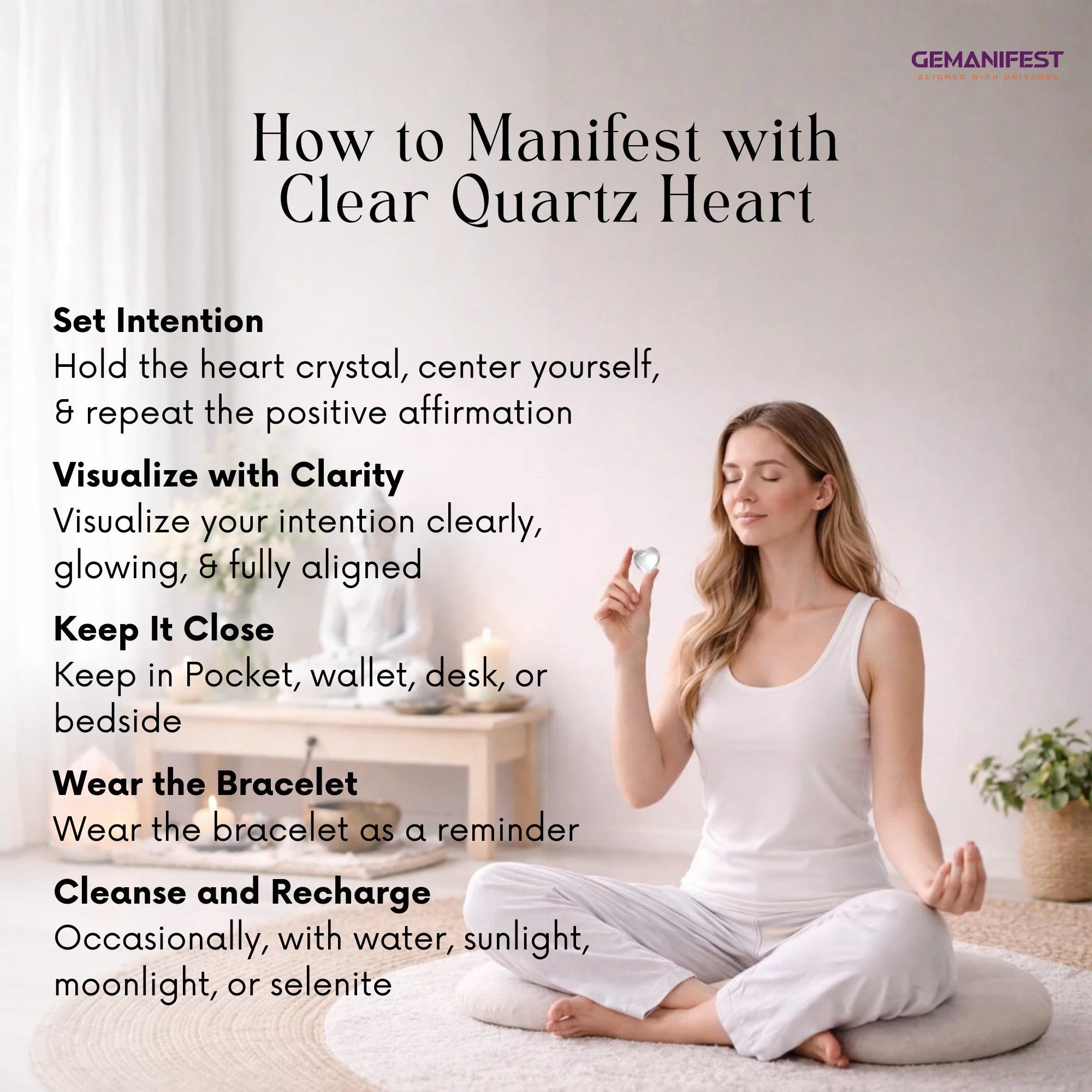 Woman meditating with a crystal, surrounded by text on manifesting with clear quartz heart.