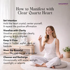 Woman meditating with a crystal, surrounded by text on manifesting with clear quartz heart.