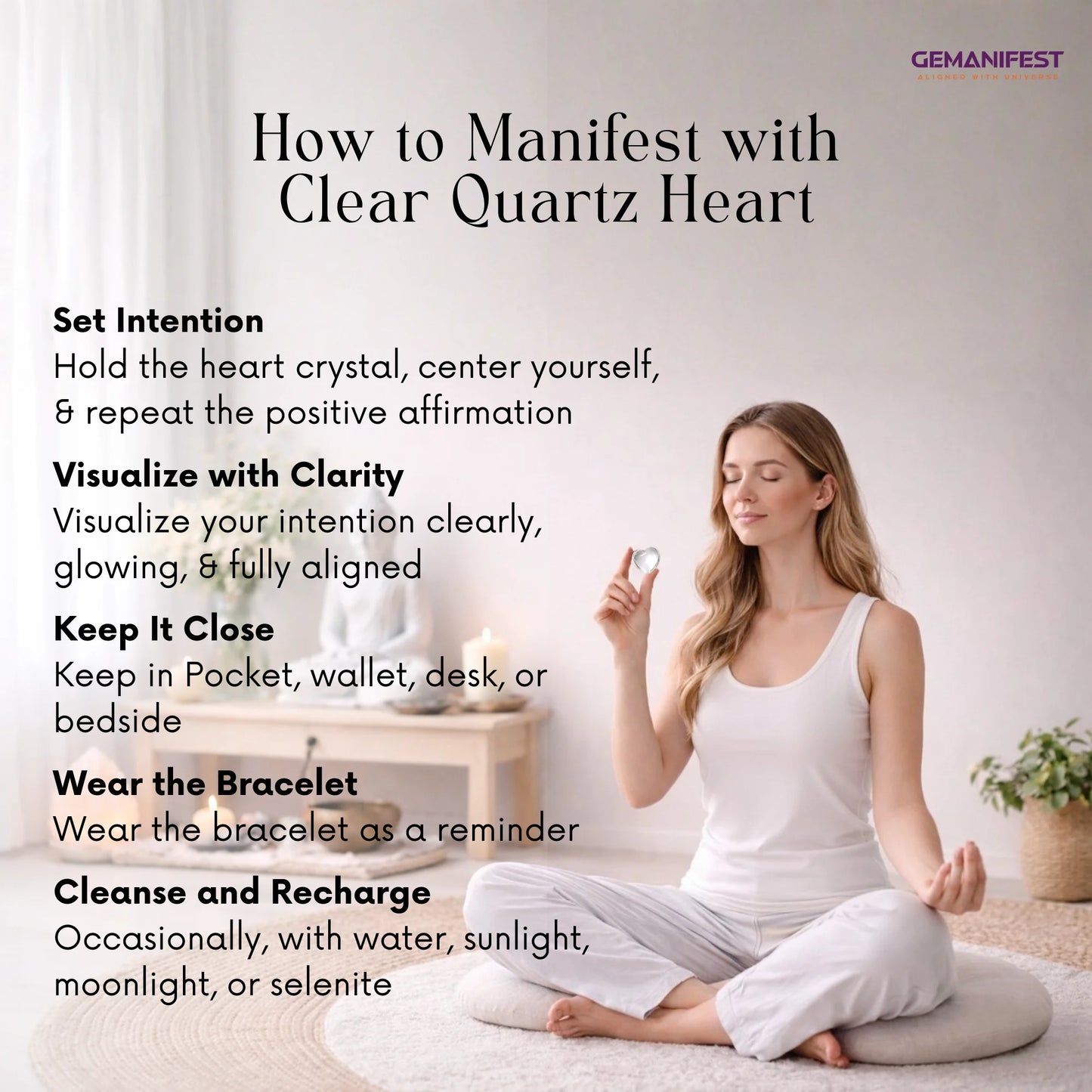 Woman meditating with a crystal, surrounded by text on manifesting with clear quartz heart.