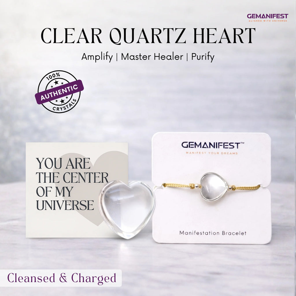 Clear quartz heart and bracelet on Gemanifest cards with text and branding.