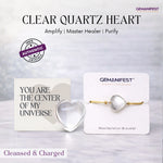 Clear quartz heart and bracelet on Gemanifest cards with text and branding.