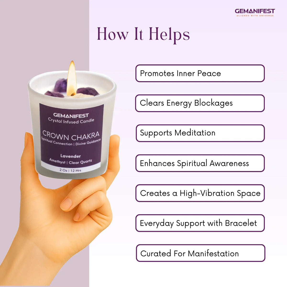 GEMANIFEST Crown Chakra candle held by a hand with benefits listed on a purple background