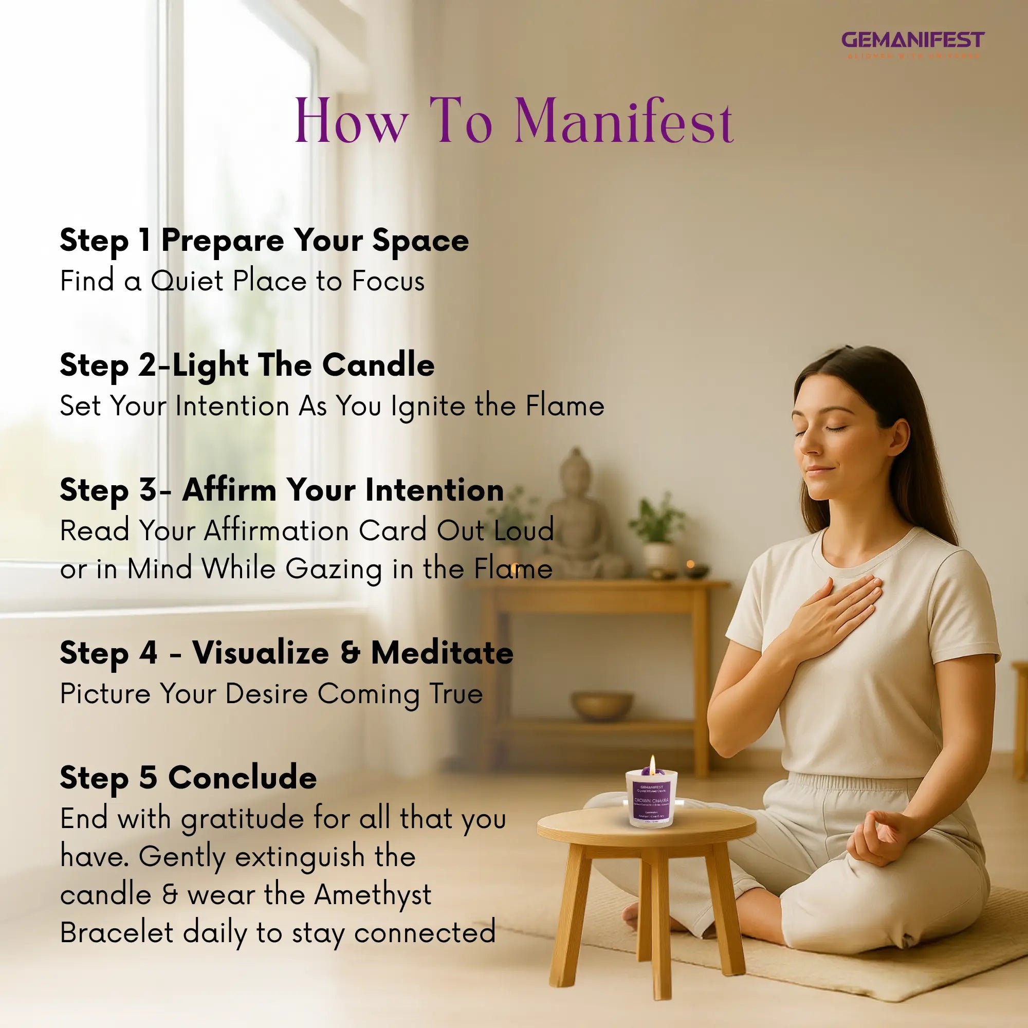 Woman meditating with a Crown Chakra candle and affirmation card in a peaceful room, featuring text on how to manifest.