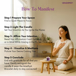 Woman meditating with a Crown Chakra candle and affirmation card in a peaceful room, featuring text on how to manifest.