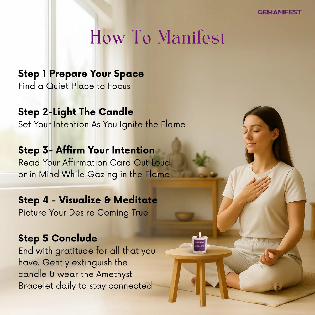 Woman meditating with a Crown Chakra candle and affirmation card in a peaceful room, featuring text on how to manifest.