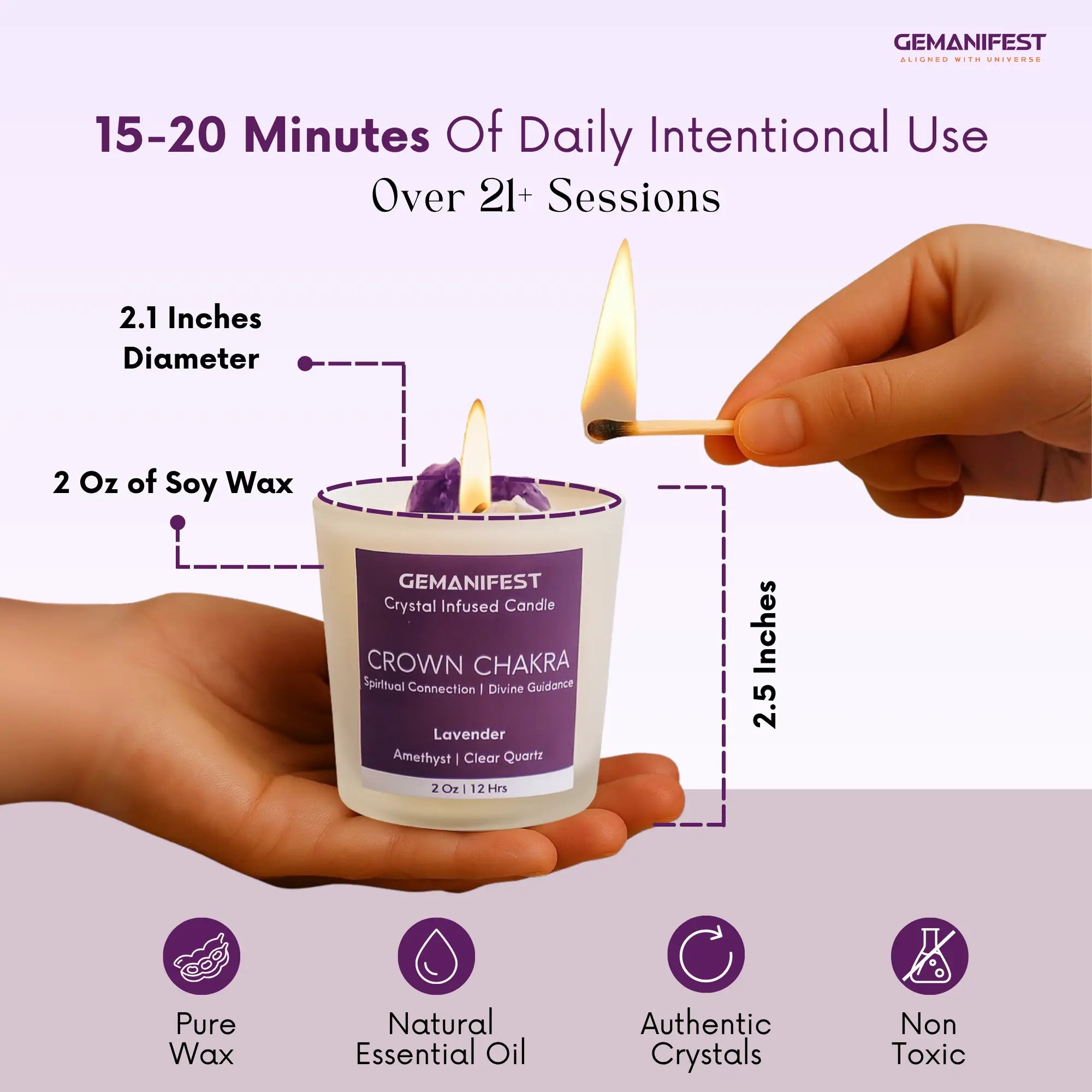 Gemanifest Crown Chakra candle being lit with product details on a purple background