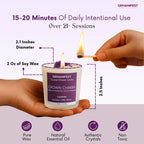 Gemanifest Crown Chakra candle being lit with product details on a purple background