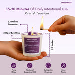 Gemanifest Crown Chakra candle being lit with product details on a purple background