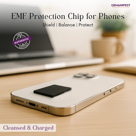 EMF Protection Chip for Phones on a smartphone with GEMANIFEST branding.