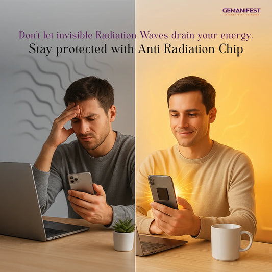 EMF Protection Chip for Phones on a smartphone with GEMANIFEST branding.