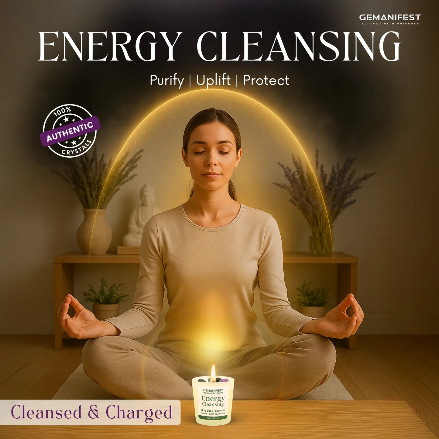 Woman meditating with a Energy Cleansing candle in a serene setting.