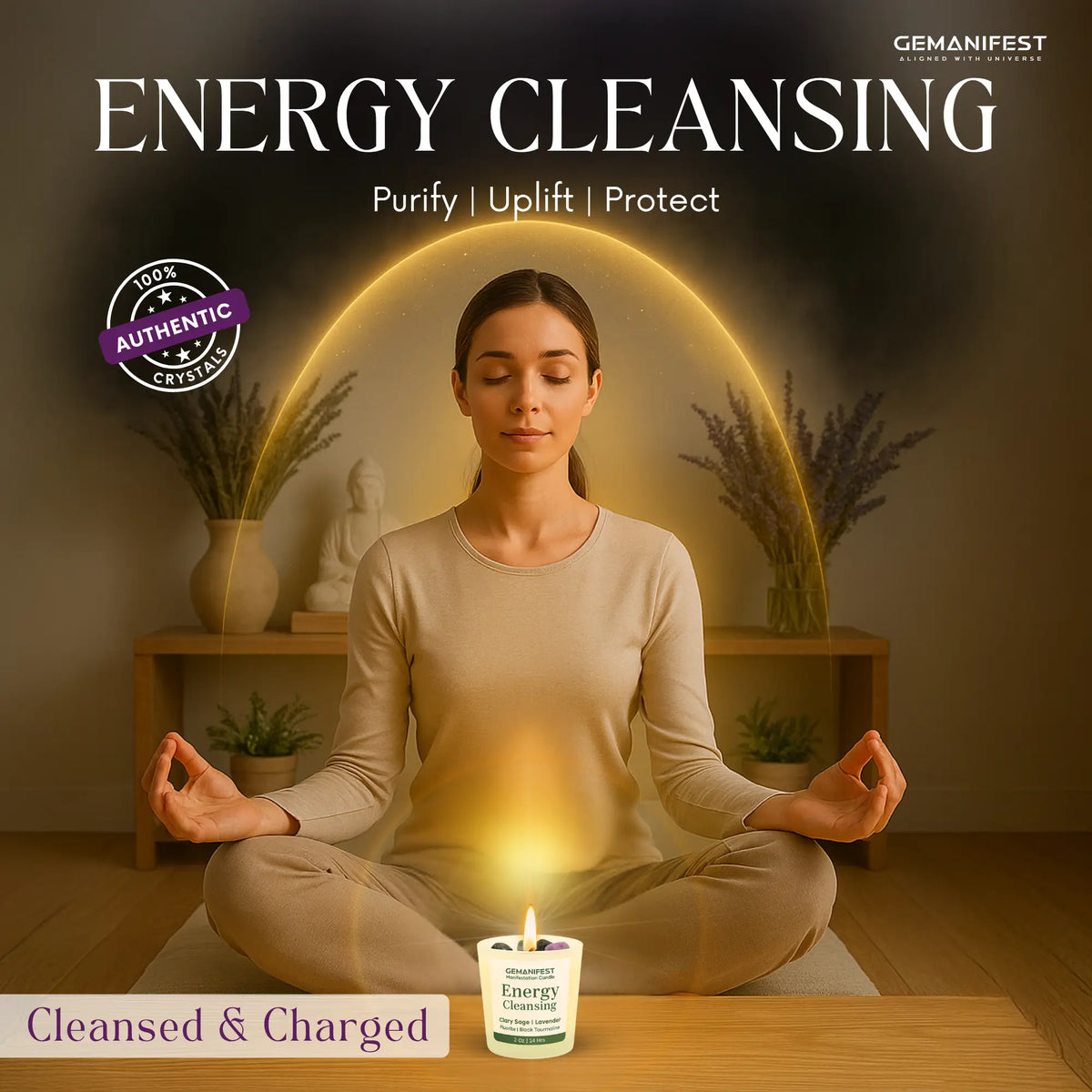 Woman meditating with a Energy Cleansing candle in a serene setting.