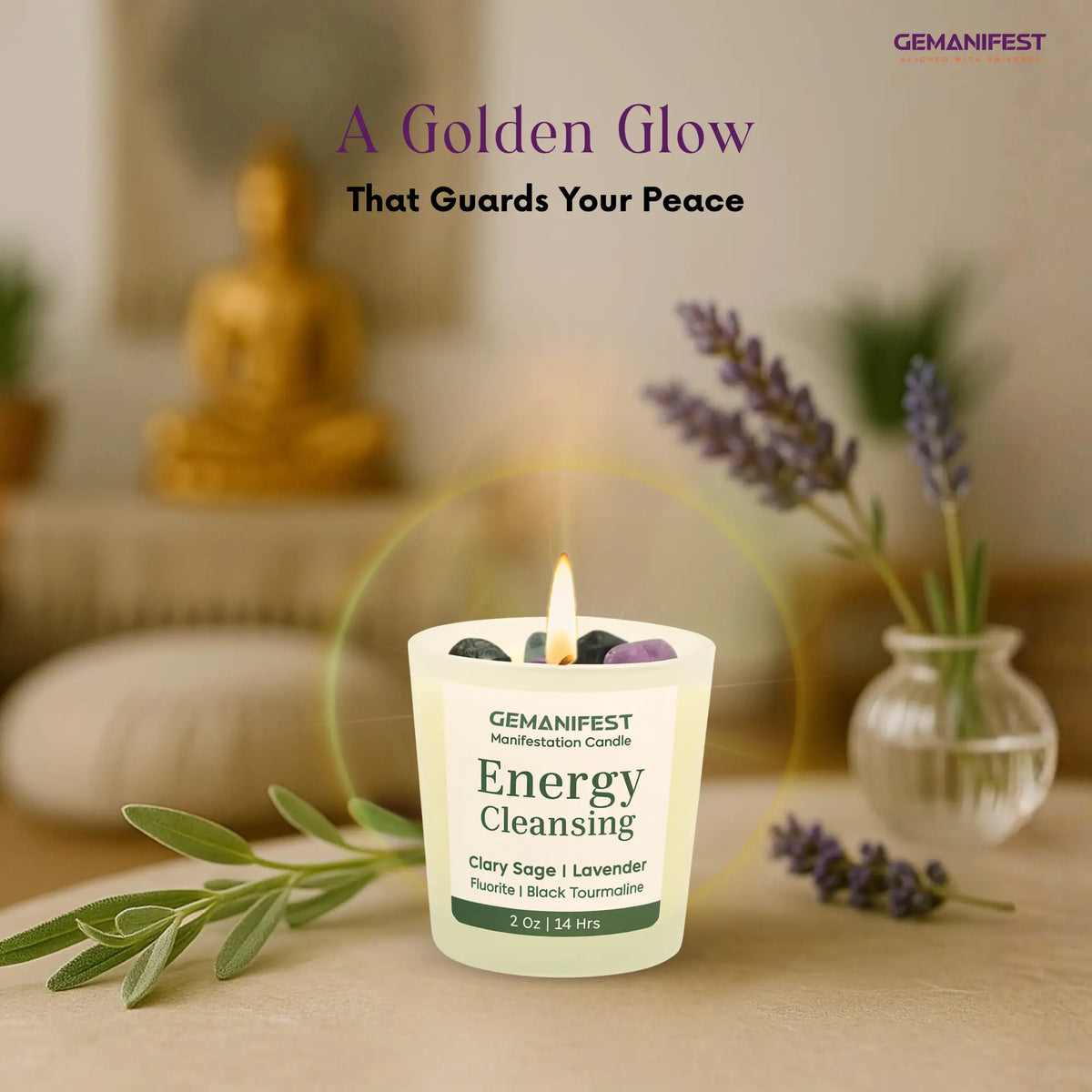 GEMANIFEST Energy Cleansing candle with a blurred background 