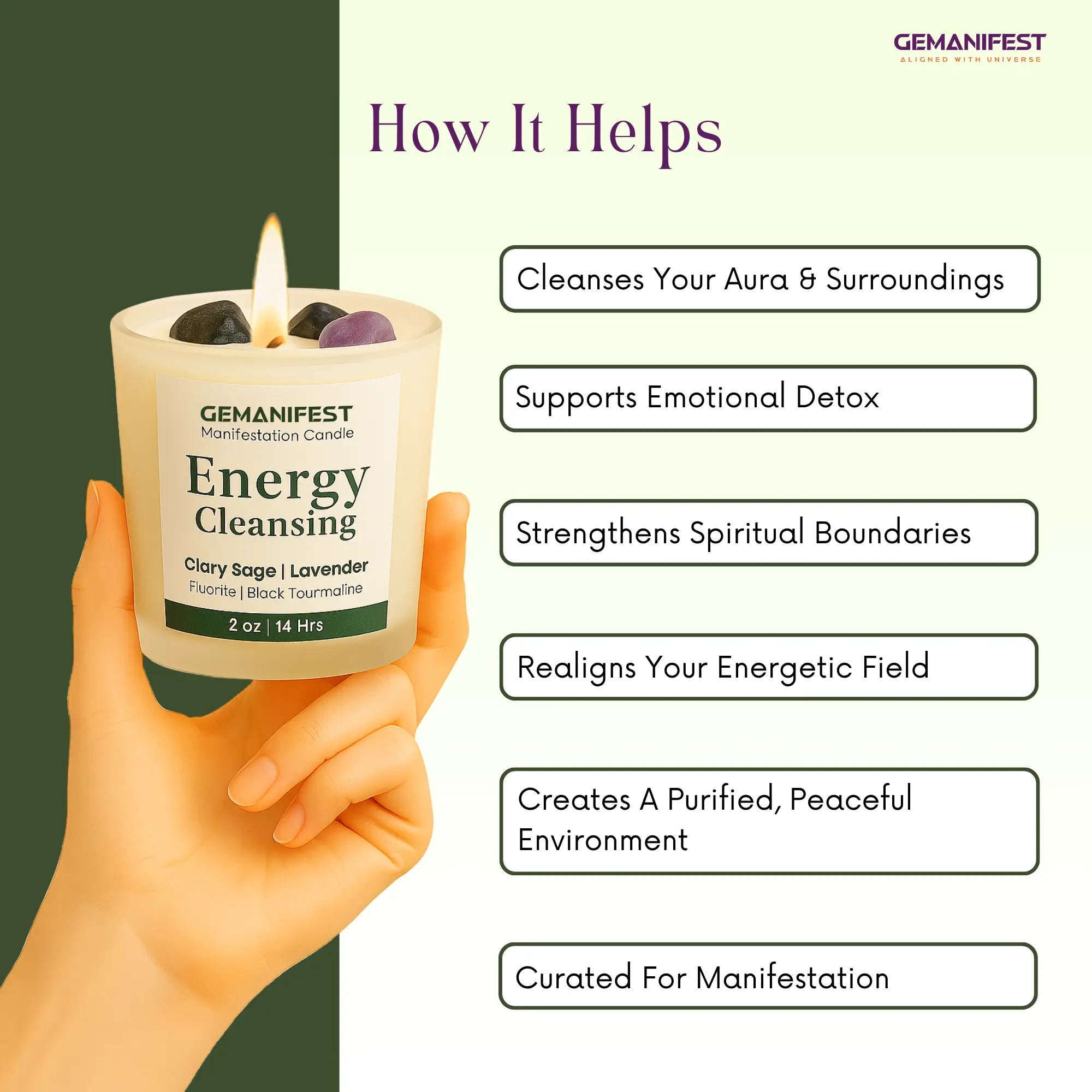 GEMANIFEST Energy Cleansing candle held by a hand with benefits listed on a green background