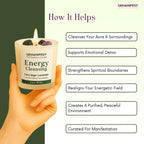 GEMANIFEST Energy Cleansing candle held by a hand with benefits listed on a green background
