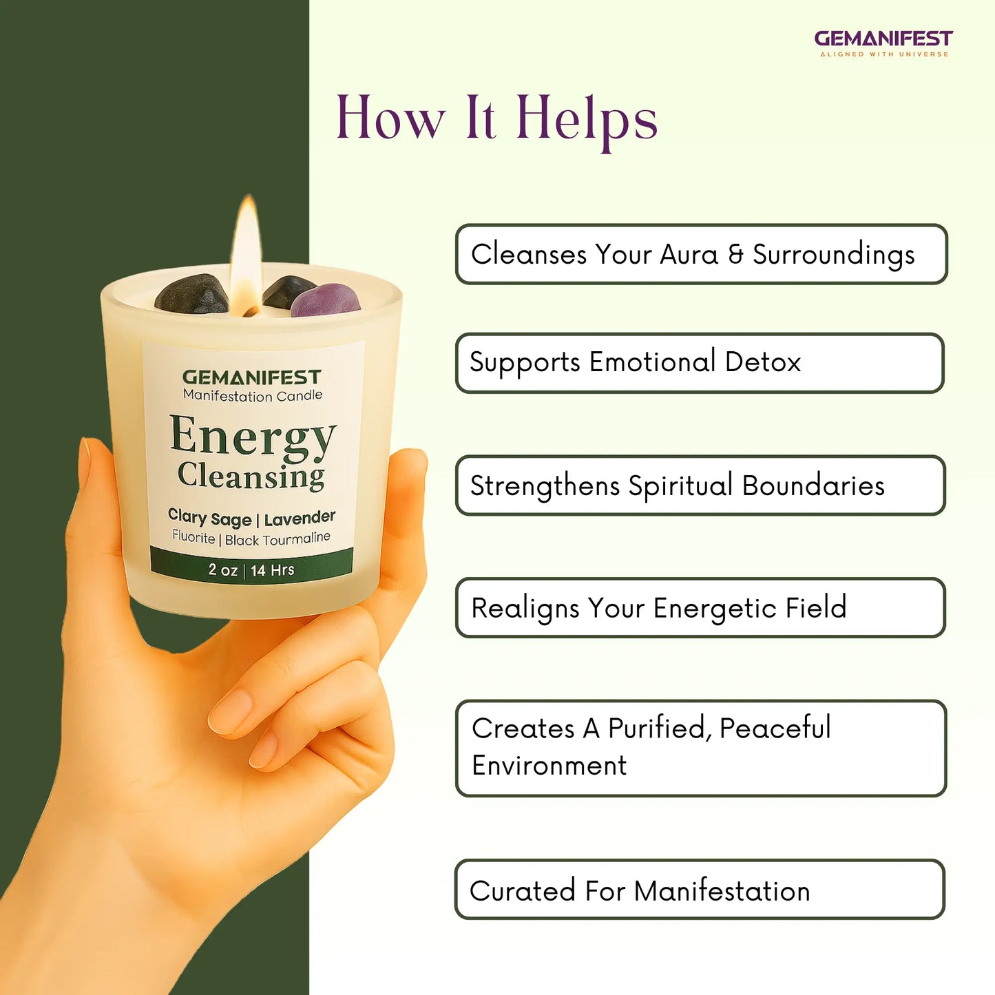 GEMANIFEST Energy Cleansing candle held by a hand with benefits listed on a green background