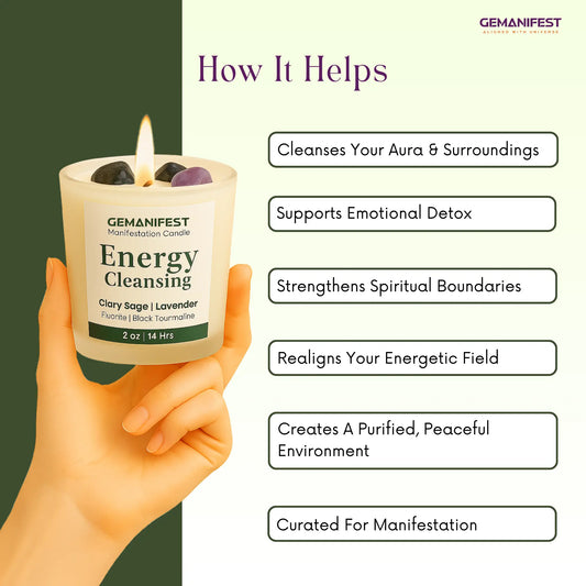 Woman meditating with a Energy Cleansing candle in a serene setting.