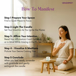 Woman meditating with a Energy Cleansing candle in a peaceful room, accompanied by steps on how to manifest.