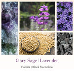 Collage of Clary Sage, Lavender, Fluorite, and Black Tourmaline with corresponding images.