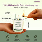 GEMANIFEST Energy Cleansing candle with dimensions and usage instructions on a green background