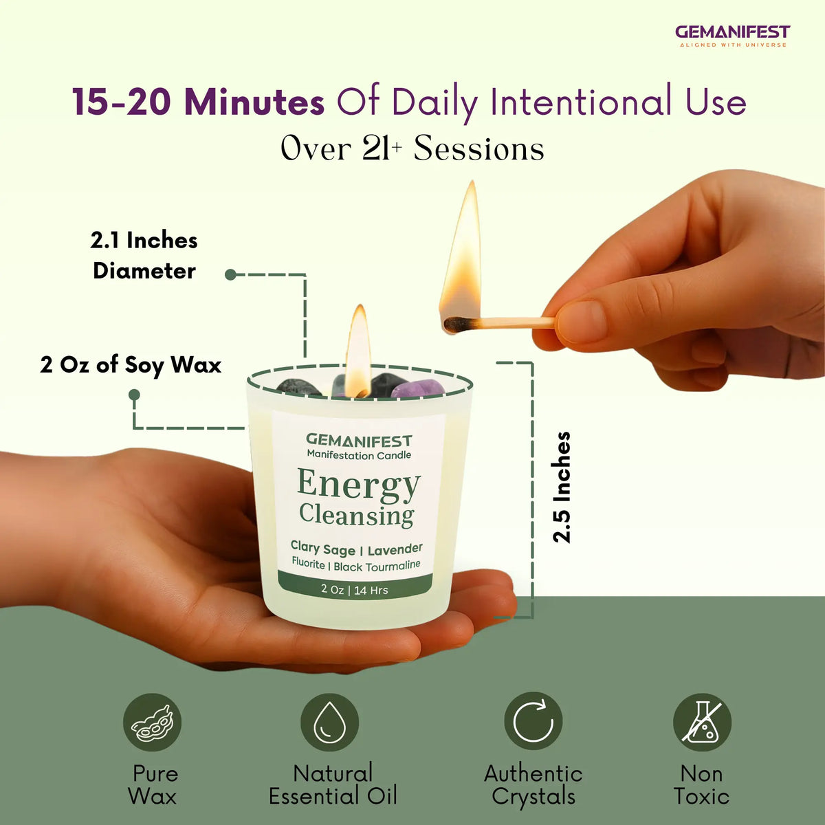 GEMANIFEST Energy Cleansing candle with dimensions and usage instructions on a green background