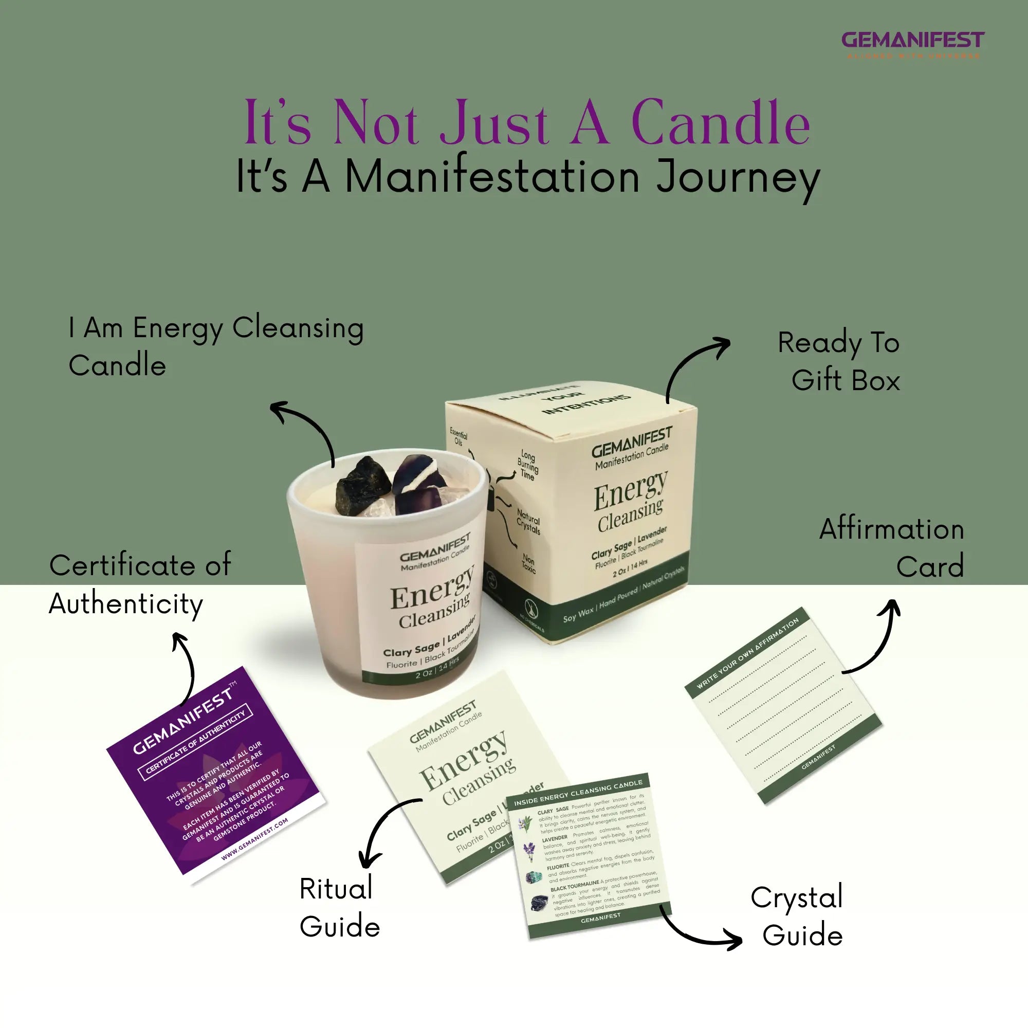 GEMANIFEST energy cleansing candle, box, and accessories on a white background.