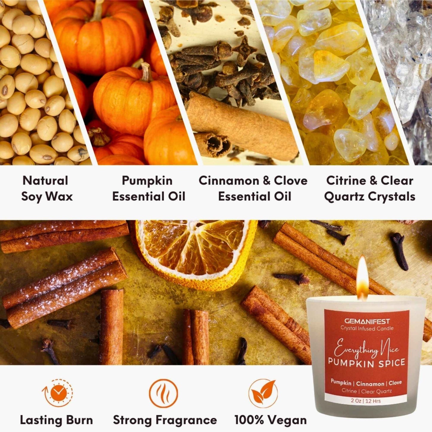 Everything Nice Pumpkin Spice Manifestation Candle with Citrine and Clear Quartz crystals and Pumpkin Spice essential oil for prosperity and gratitude.