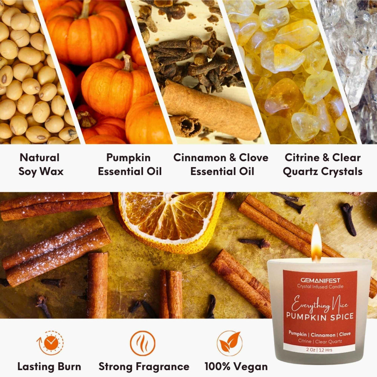 Everything Nice Pumpkin Spice Manifestation Candle with Citrine and Clear Quartz crystals and Pumpkin Spice essential oil for prosperity and gratitude.