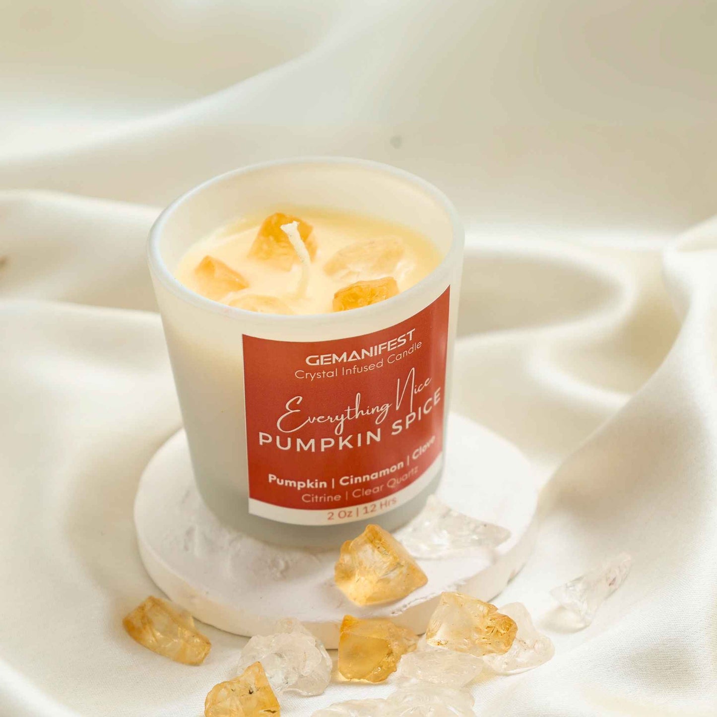 Everything Nice Pumpkin Spice Manifestation Candle with Citrine and Clear Quartz crystals and Pumpkin Spice essential oil for prosperity and gratitude.
