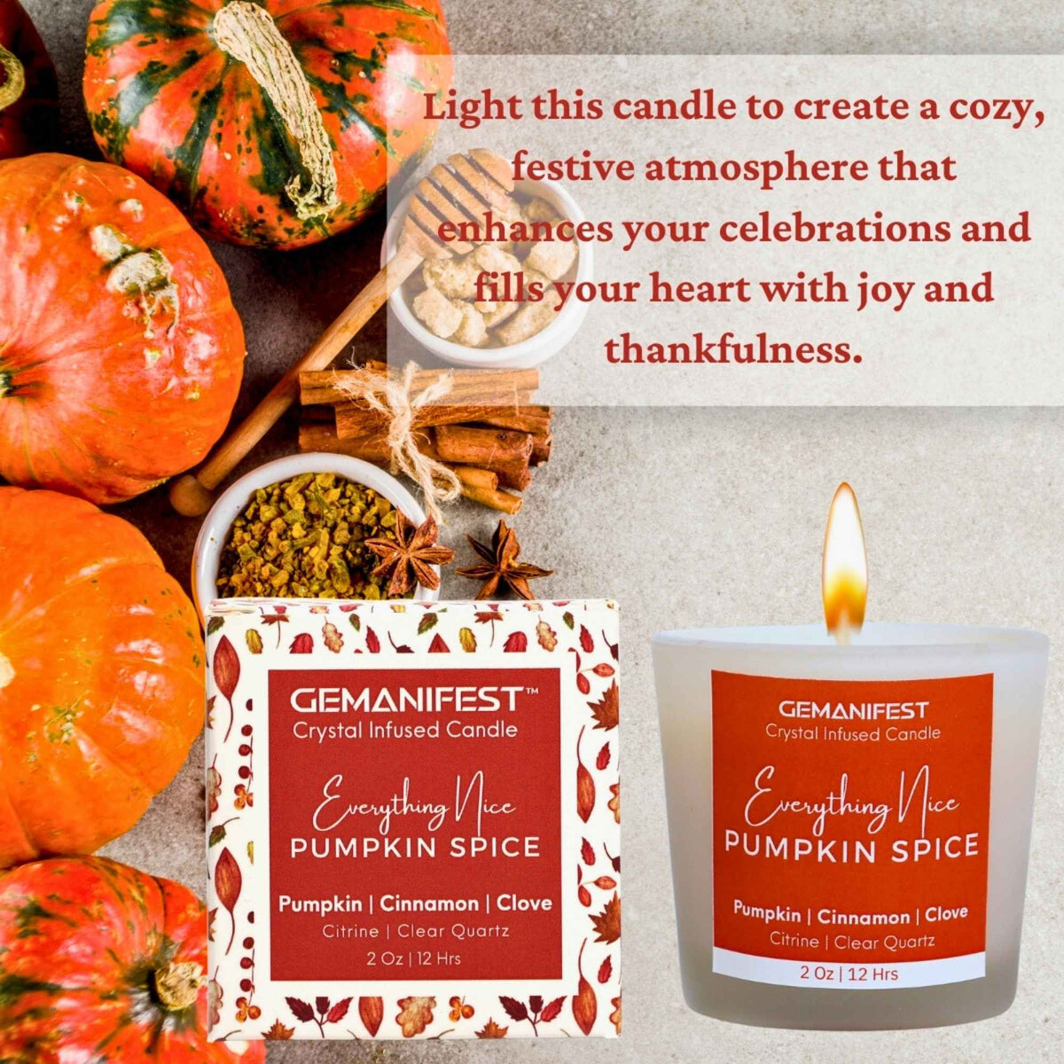 Everything Nice Pumpkin Spice Manifestation Candle with Citrine and Clear Quartz crystals and Pumpkin Spice essential oil for prosperity and gratitude.