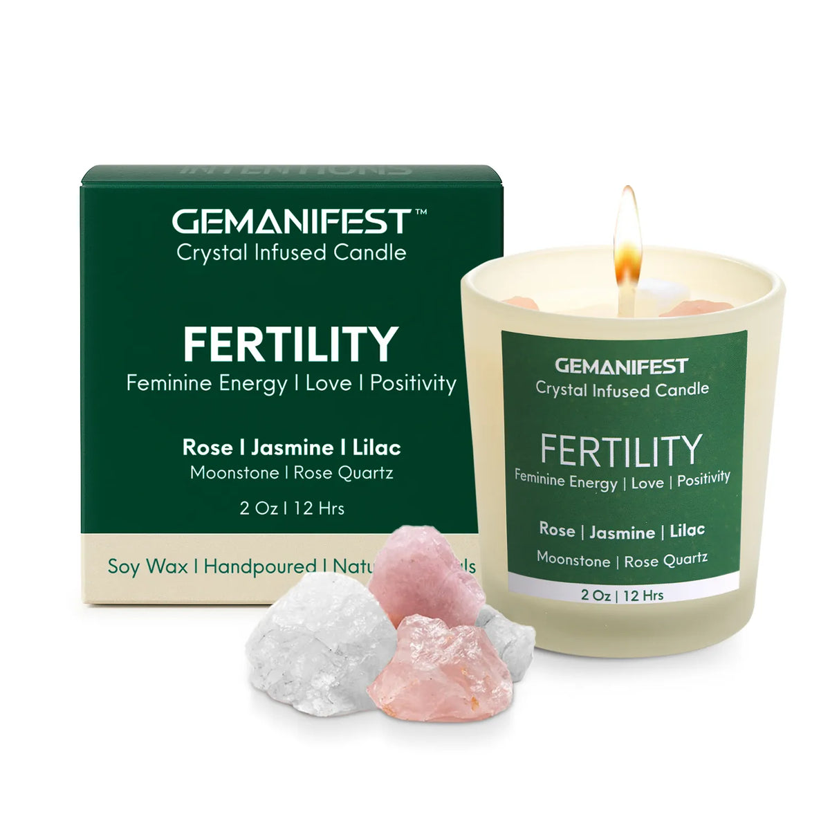 Studio image of Gemanifest fertility manifestation candle with gift box and crystals.