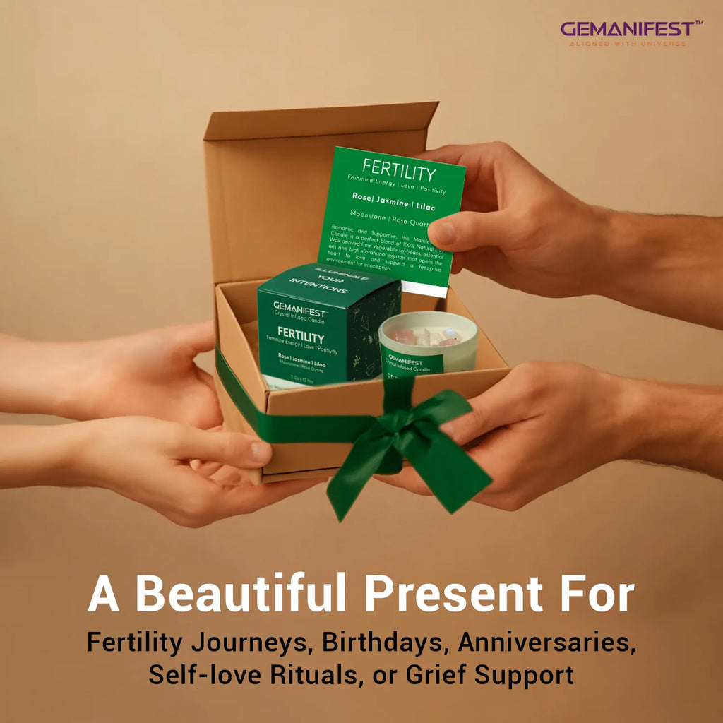 Green fertility manifestation candle gift set with box, candle, and affirmation card tied with ribbon.