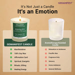 Comparison chart showing benefits of Gemanifest fertility candle vs standard aromatherapy candle.