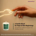 Hand reaching out to glowing baby outline beside lit fertility manifestation candle.